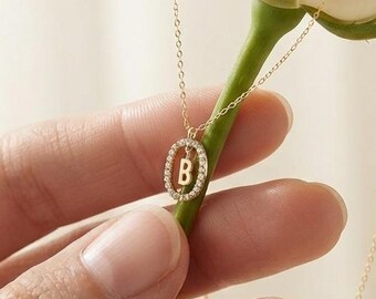 Collar con inicial de diamante en oro de 14 quilates, dije de letra personalizado en oro macizo, colgante con inicial de diamante, regalos de cumpleaños, regalo de joyería para ella.