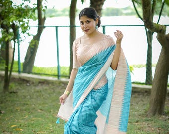 Sari de seda Tussar suave con estampado de cuadros y borde de tejido Kantha | Sari de diseño para bodas y fiestas con blusa | Sari indio