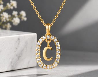 Collar con inicial de diamante en oro de 14 quilates, dije de letra personalizado en oro macizo, colgante con inicial de diamante, regalos de cumpleaños, regalo de joyería para ella.