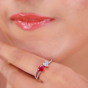 Ruby and Diamond Toi et Moi Ring, Heart-Pear Stone Pair, Modern Heirloom