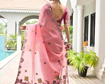 Sari de algodón Chanderi suave de primera calidad | Pallu con tejido floral Resham | Blusa de contraste | Regalo ideal para bodas, fiestas y ocasiones especiales en el sur de la India.