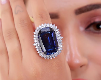 Blue Sapphire Ring | Cushion Cut Statement Ring | Lab Grown Diamond Halo Ring | 9k 14k 18k Gold & Silver Cocktail Ring | Gift for Her