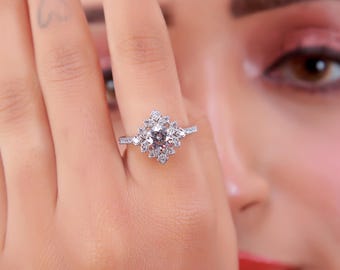 Anel com Conjunto de Diamantes | Anel com Diamantes em Formato de Marquise e Redondos | Anel de Coquetel com Diamantes Sintéticos | Ouro 9k, 14k e 18k e Prata | Presente para Ela