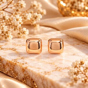 Rose Gold Square Stud Earrings, Polished Rounded Square Earrings, Minimalist Jewelry