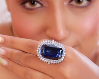 Blue Sapphire Ring | Cushion Cut Gemstone Ring | Lab Grown Diamond Halo Ring | 9k 14k 18k Gold and Silver | Gift for Her