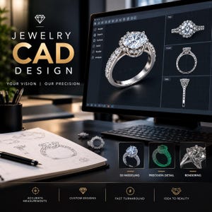 Könnte beinhalten: Ein Computermonitor zeigt ein 3D-CAD-Design eines Diamantrings mit einem zentralen Stein und einem Pavé-Band. Der Bildschirm zeigt Ansichten von oben, vorne und der Seite. Darunter befindet sich ein Skizzenbuch mit handgezeichneten Ringentwürfen und drei Symbole für 3D-Modellierung, Präzisionsdetails und Rendering. Text: JEWELRY CAD DESIGN, YOUR VISION | OUR PRECISION.