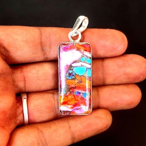 Spiny Copper Turquoise Pendant Necklace: Sterling Silver Baguette Stone