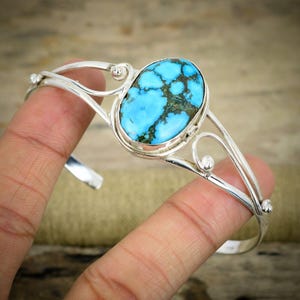 Blue Turquoise Sterling Silver Bangle: Handmade Statement Cuff