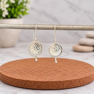 Sterling Silver Open Loop Lever Back Dangle Earrings Hammered Jewelry For women's