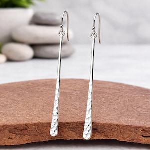 Long Hammered Silver Stick Earring, Minimalist Sterling Silver Dangle Earrings, Elegant Handmade Jewelry Gift