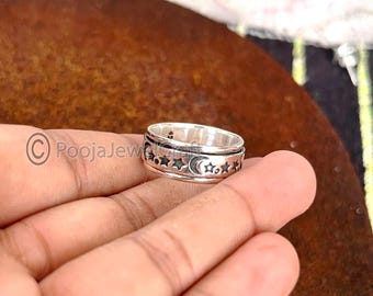 Anillo giratorio de ansiedad con forma de luna y estrella en plata de ley 925
