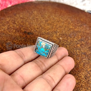 Blue Copper Turquoise Signet Ring: 925 Sterling Silver, Turkish Handmade