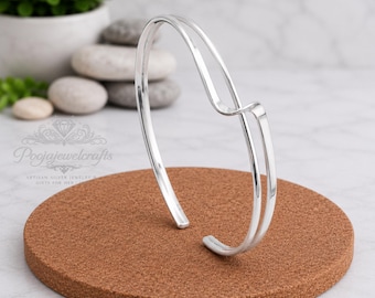 Sterling Silver Open Cuff Bangle, Handmade Double Wire Bracelet, Minimalist Adjustable Jewelry, Gift for Women