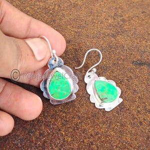 Green Turquoise Dangle Earrings: Handmade Sterling Silver Copper Jewelry