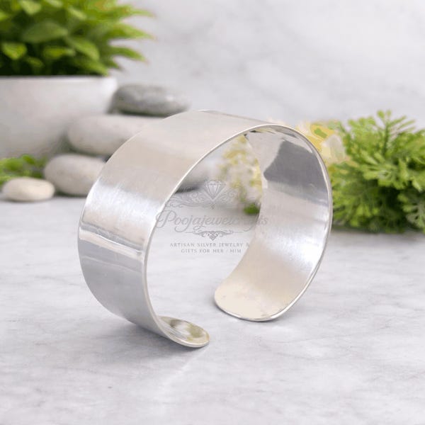 Bracciale rigido largo in argento sterling, bracciale aperto in argento 925 fatto a mano, gioiello moderno e minimalista