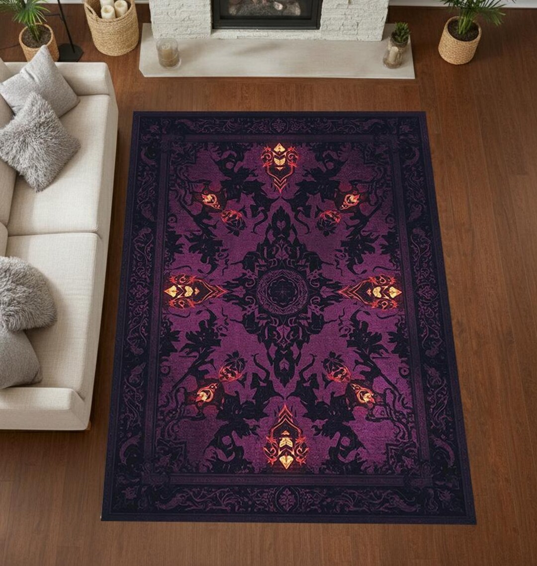 Rectangular Rug Emblem Ancient Sacred Sigil Rug With Mythic Winged Emblem and Botanical ...