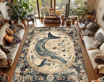 Alfombra con diseño de ballena: Estilo náutico oceánico, decoración costera para el hogar