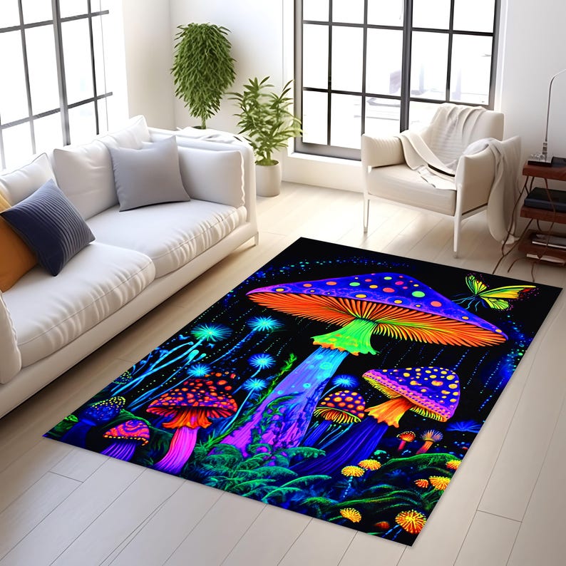 Dywan z psychodelicznym grzybem: neonowy, psychodeliczny wystrój boho zdjęcie 5