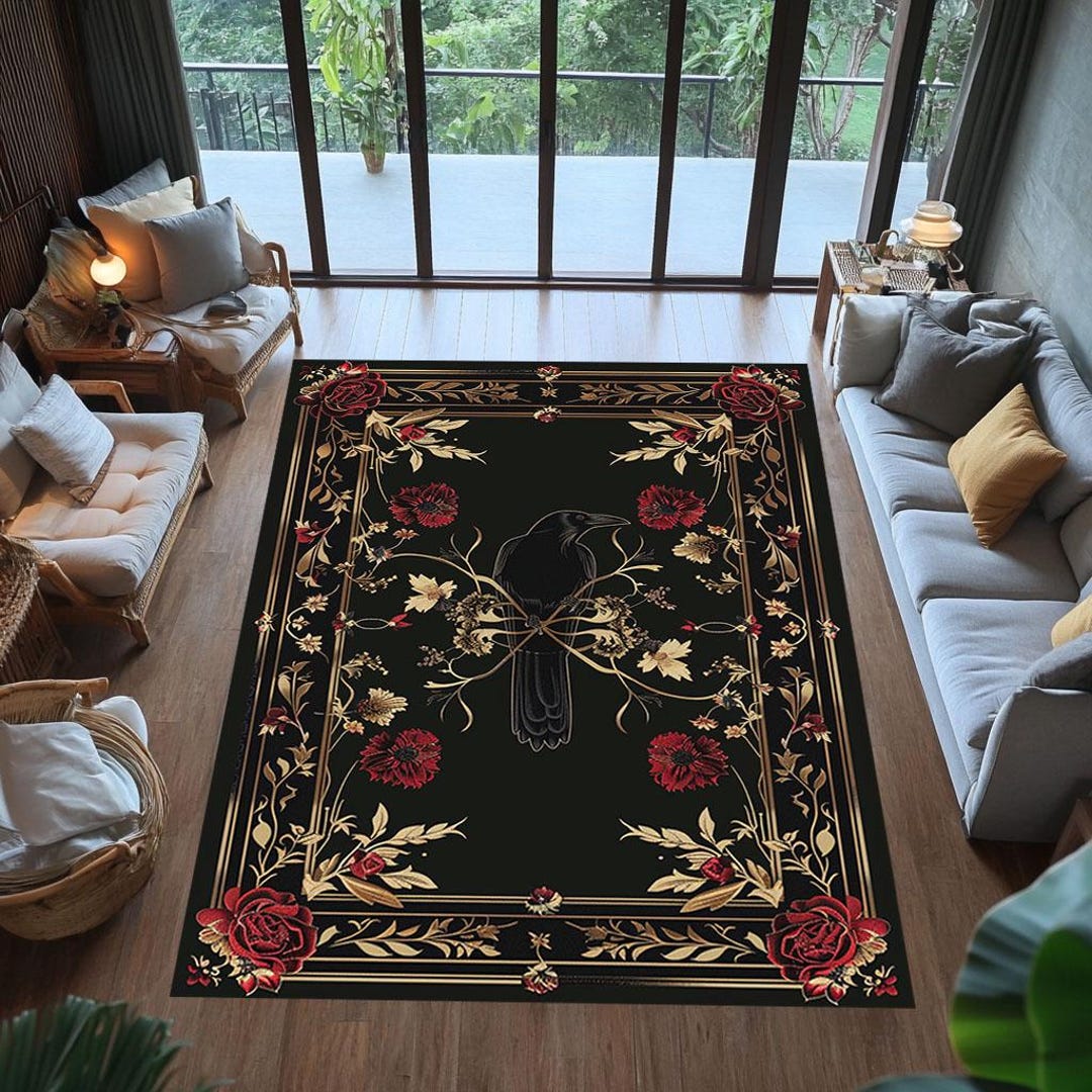 Goth Rug Background Gothic Raven Area Rug: Dark Academia Floral, Washable Occult Decor - Etsy