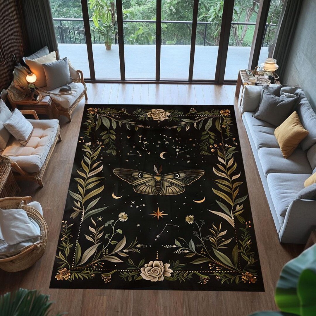 Moth Pattern Rug Celestial Moth Rug: Gothic Floral Starry Tapestry, Washable Carpet - Etsy