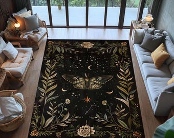 Celestial Moth Rug: Gothic Floral Starry Tapestry, Washable Carpet