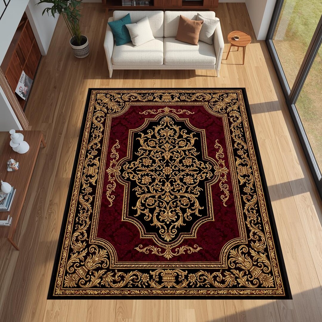 Black Burgundy Baroque Area Rug, Gold Victorian Gothic Carpet, Ornate ...