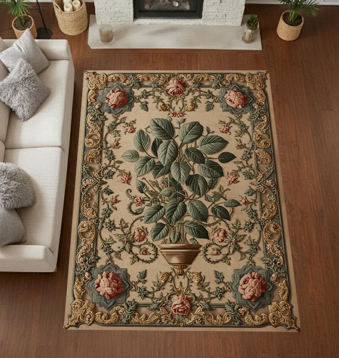 Classic Rose Rug Vintage Botanical Rose Plant Rug With Ornate Floral Frame Design in ...