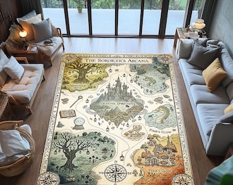 Tovenaar fantasiekaart vloerkleed voor kinderkamer en kinderkamer Tovenaar hekserij speelkleed magisch kasteel vloerkleed mystiek sprookje tapijt