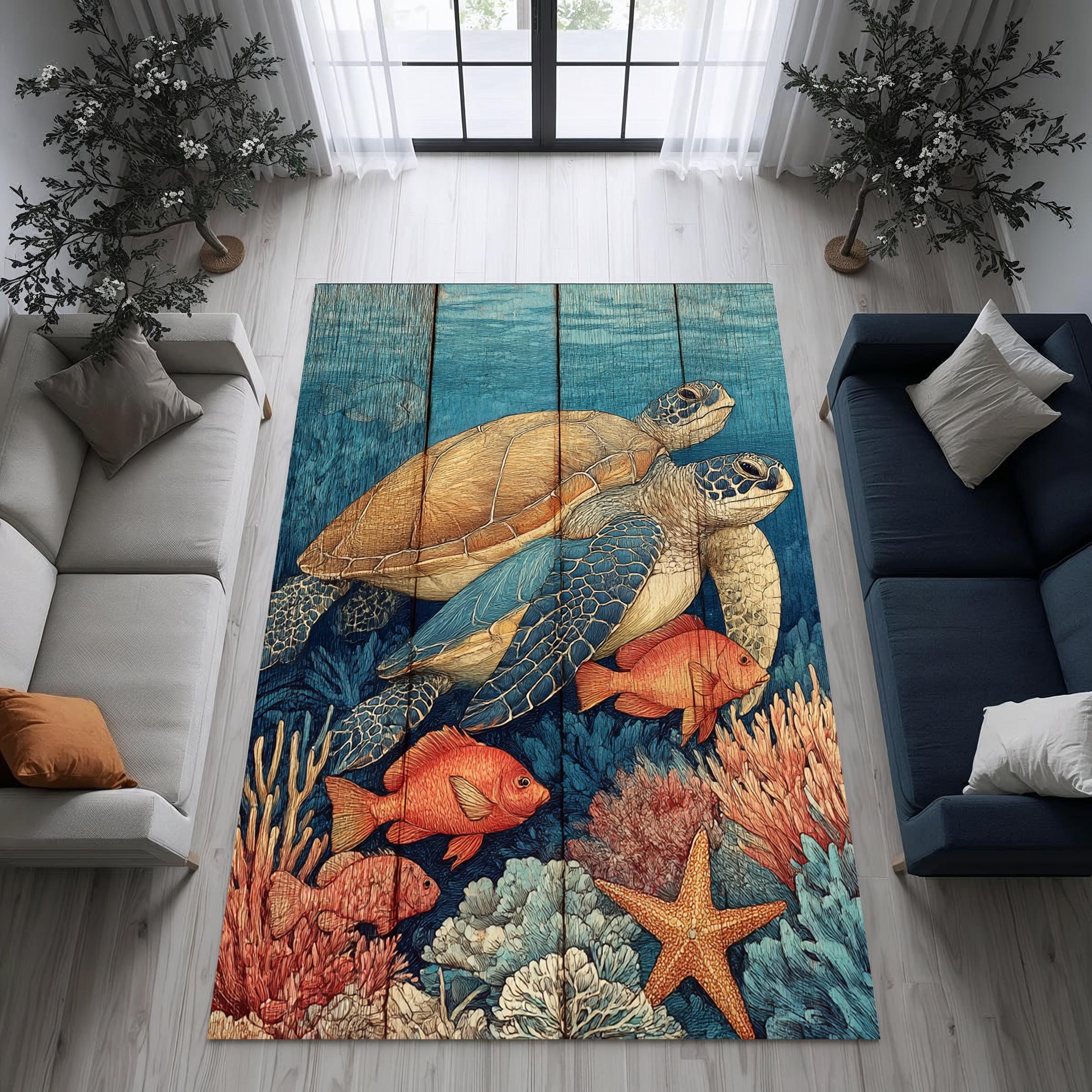Throw Rug Turtle Sea Turtle Coral Reef Area Rug, Coastal Beach House Decor Carpet, Ocean ...