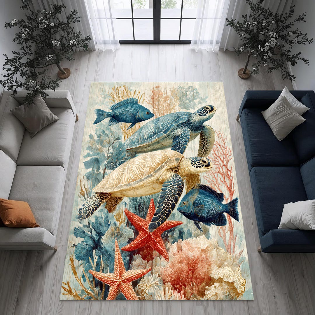 Sea Turtle Coastal Area Rug, Nautical Beach House Carpet Decor - Etsy