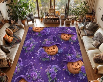 Alfombra de bruja de Halloween: Calabaza gótica con detalles florales - Lavable