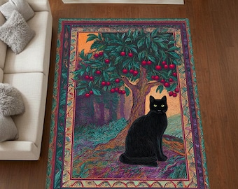 Washable Black Cat Rug – Colorful Forest Scene Carpet with Cherry Tree & Boho Design