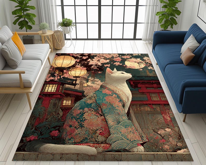 Puede incluir: Una alfombra decorativa con un gato blanco con kimono, ambientada en un escenario japon&eacute;s con linternas y flores de cerezo. La alfombra presenta un dise&ntilde;o art&iacute;stico detallado con una paleta de colores rojo, verde y rosa.
