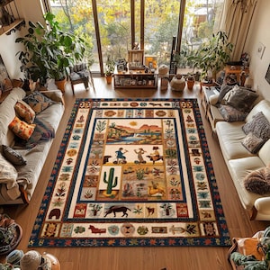May include: A large rectangular rug with a Southwestern design. The rug features a central design with desert landscapes, cacti, and figures on bicycles and horseback. The border is a dark blue with repeating patterns and images of animals and plants.