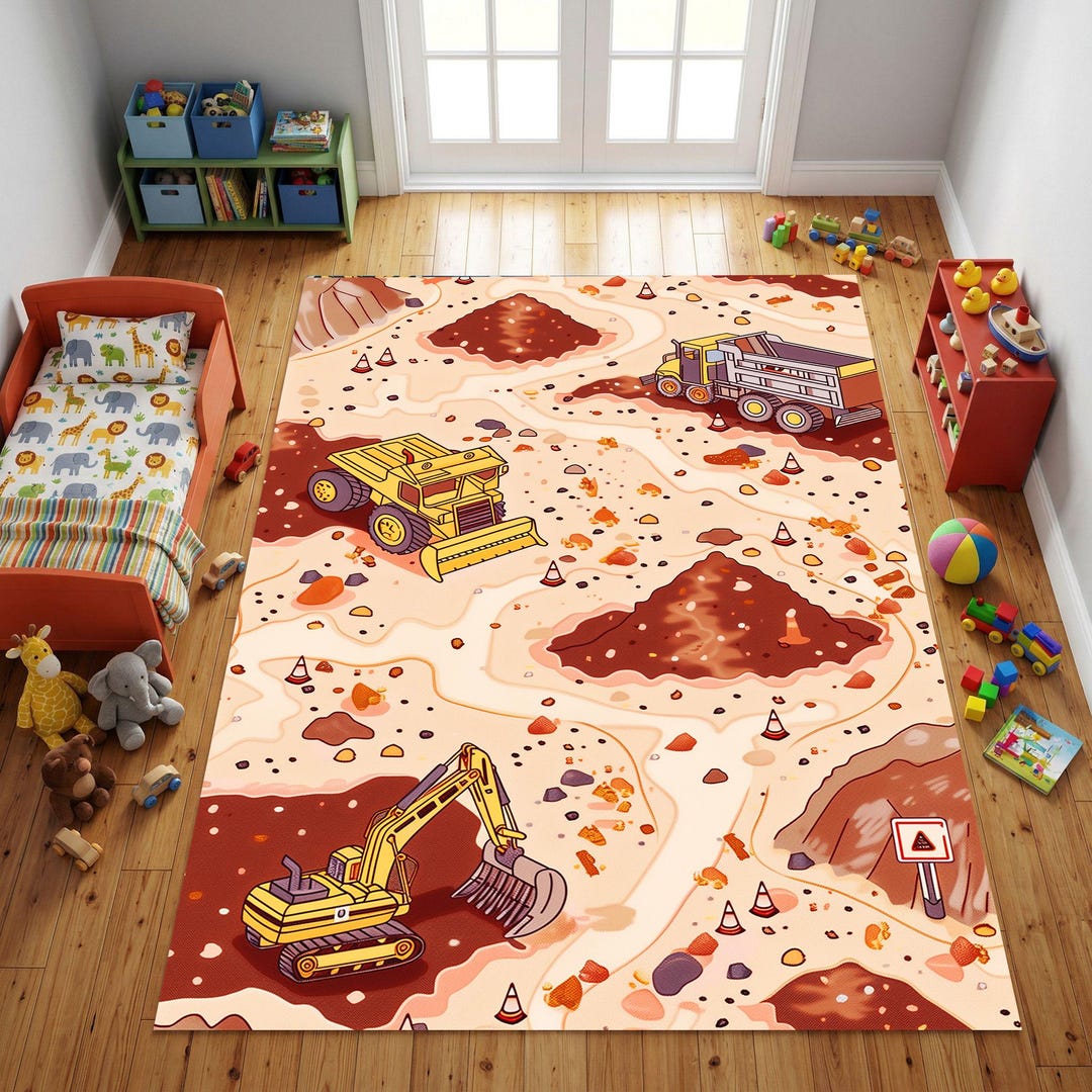 Construction Truck Kids Rug, Excavator Dump Truck Playroom Nursery ...