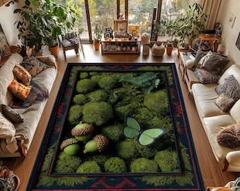 Enchanted Garden Area Rug, Cottagecore Floral Rug, Moss Green Plant Carpet, Washable Farmhouse Decor, Botanical Nature Rug, Cozy Home Accent