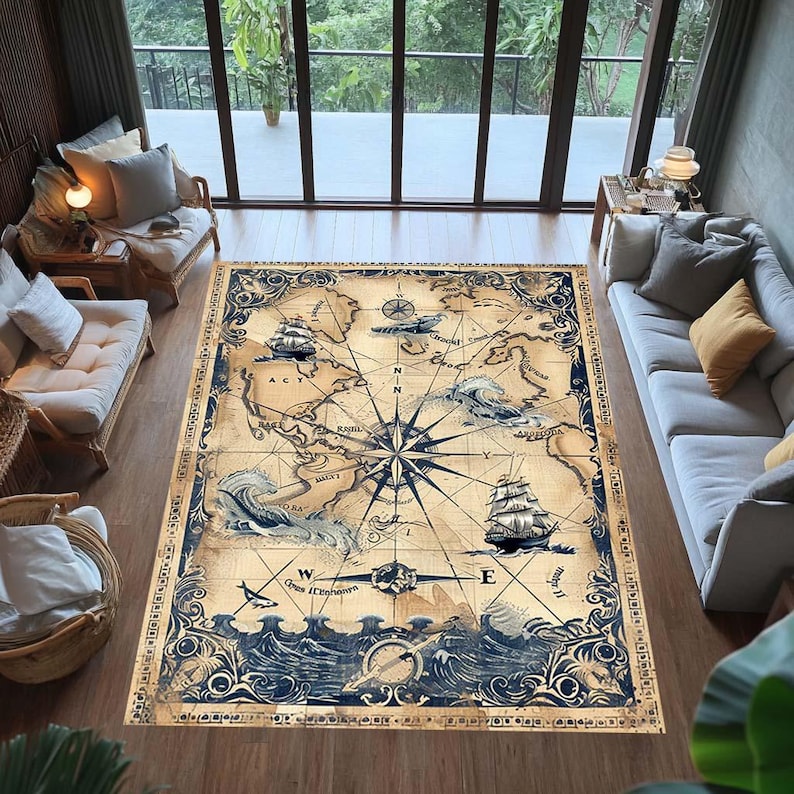 Nautical Vintage Sea Map Rug With Compass Rose, Ships & Sea Creatures ...