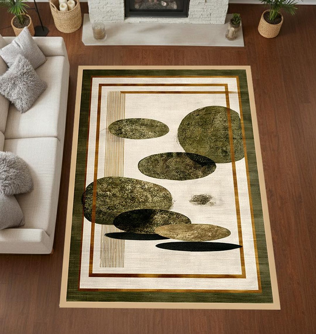 Modern Zen Stone Pattern Rug – Minimal Abstract Carpet With Green Earth ...