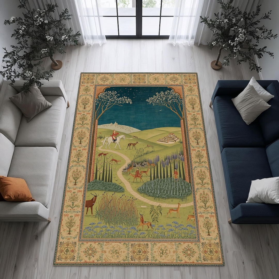 Persian Miniature Landscape Area Rug, Vintage Mughal Art Tapestry ...