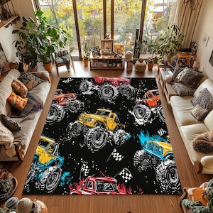 Monster Truck Rug: Washable Kids Play Mat - Racing Car Decor