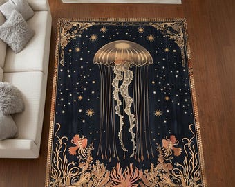 Celestial Jellyfish Illustration Rug Cosmic Ocean Mythic Art Washable Non Slip Area Rug Dark Fantasy Home Decor