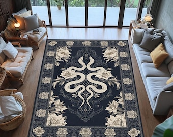 Handmade Gothic Snake Rug: Dark Floral Serpent Decor