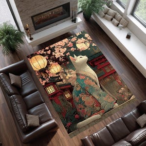 Puede incluir: Una alfombra decorativa con un gato blanco con kimono floral, sobre un fondo de linternas japonesas, flores de cerezo y luna llena. El dise&ntilde;o de la alfombra incorpora tonos de rojo, verde y dorado, creando una est&eacute;tica vibrante y art&iacute;stica.