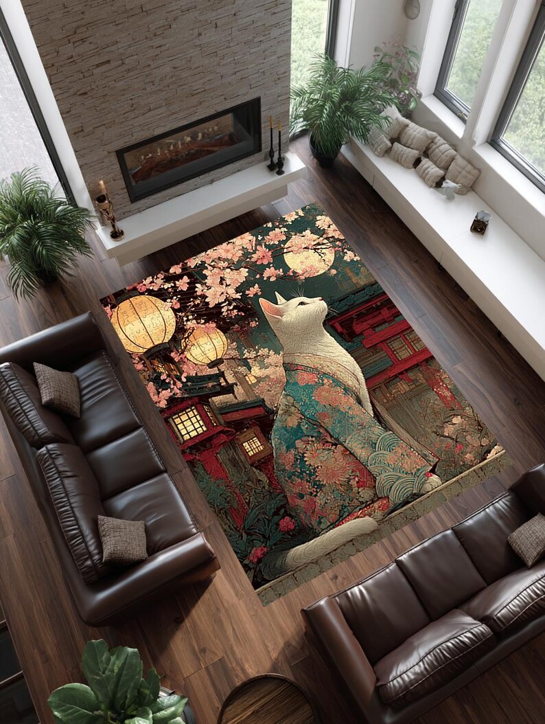 Puede incluir: Una alfombra decorativa con un gato blanco con kimono floral, sobre un fondo de linternas japonesas, flores de cerezo y luna llena. El dise&ntilde;o de la alfombra incorpora tonos de rojo, verde y dorado, creando una est&eacute;tica vibrante y art&iacute;stica.