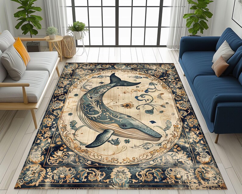 May include: A rectangular area rug featuring a detailed illustration of a whale in shades of blue and gray, set against a cream-colored background. The rug has a dark blue border with floral patterns, creating a vintage aesthetic.