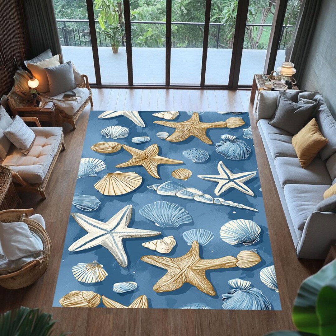 Sea Shell Patern Rug Coastal Starfish Seashell Rug: Custom Printed Beach Decor - Etsy