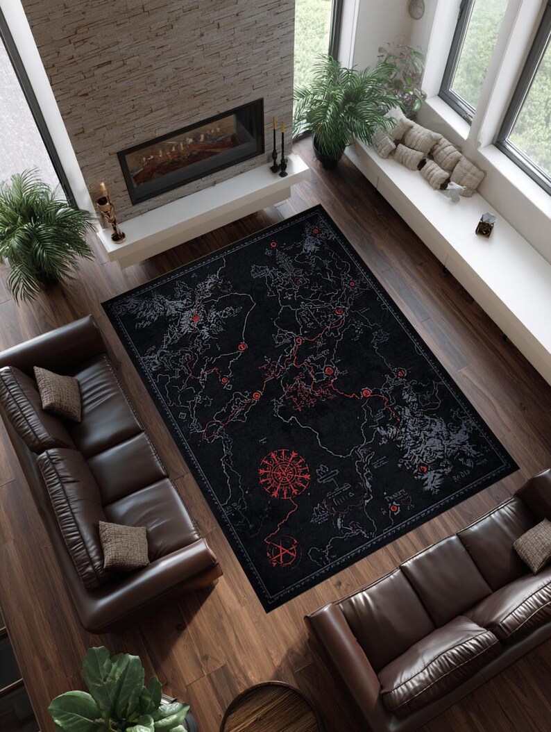 Zelda Inspired Dark Fantasy War Map Rug Black Gothic Hyrule Style Area ...