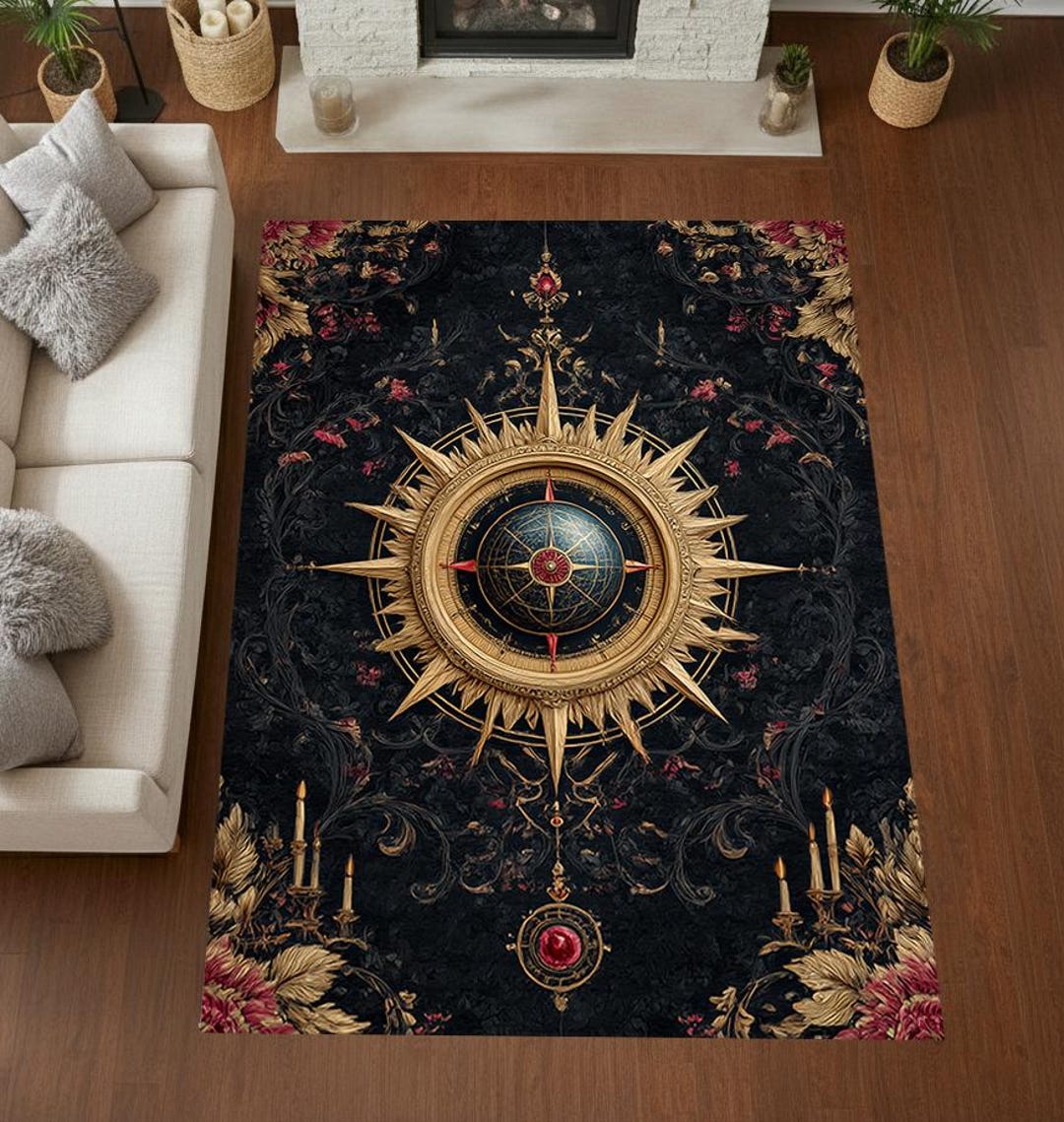 Gothic Compass Rose Area Rug, Dark Baroque Floral Carpet, Vintage ...