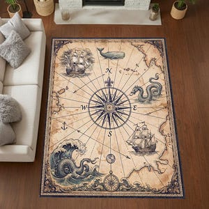 Könnte beinhalten: Ein rechteckiger Teppich mit einem Vintage-Nautik-Kartendesign. Der Teppich zeigt eine Windrose, Schiffe, Meereskreaturen und Kartendetails in Braun-, Blau- und Cremetönen. Der Teppich ist mit einer dunkelblauen Bordüre eingefasst.