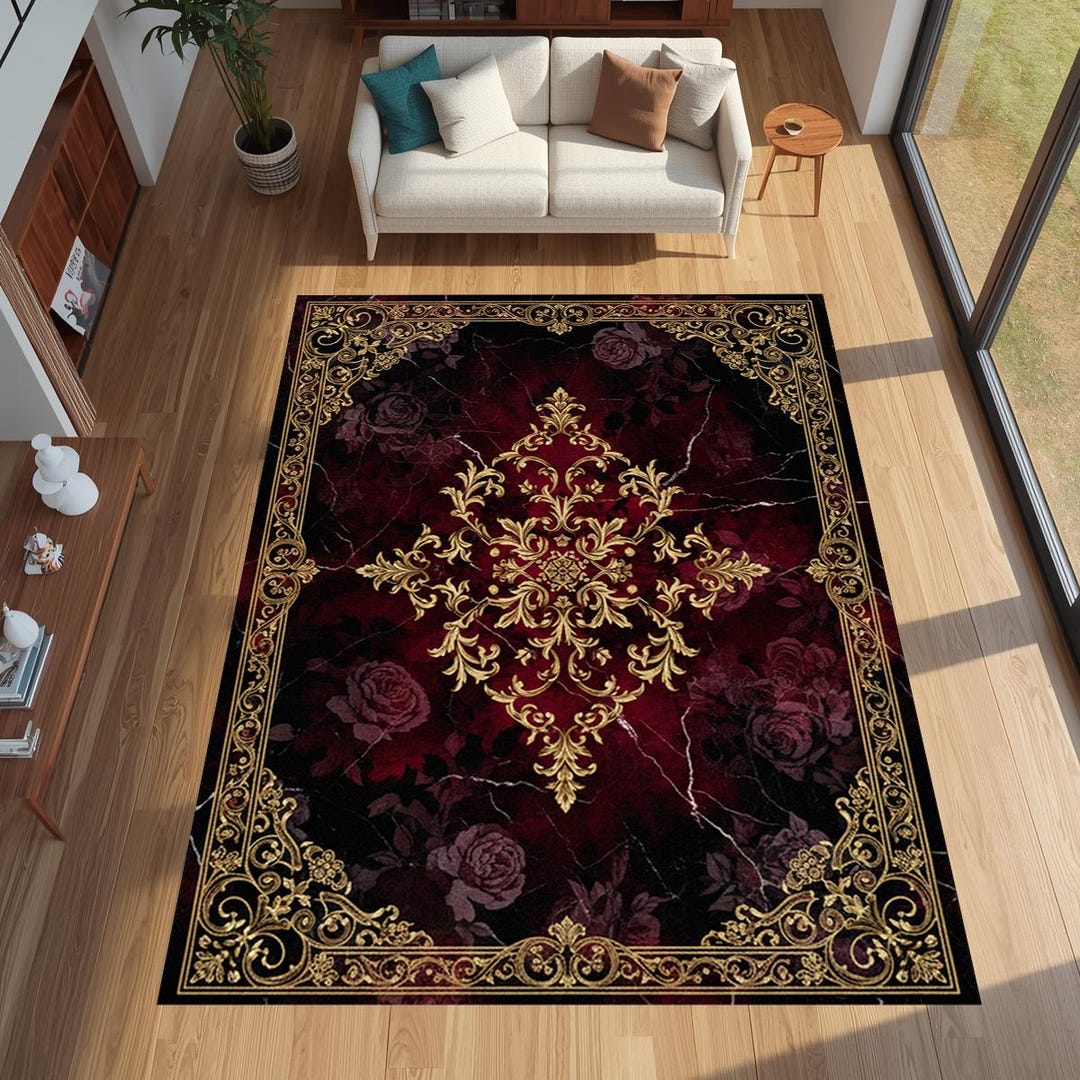 Black Burgundy Baroque Rug, Victorian Style Gothic Area Carpet, Ornate ...
